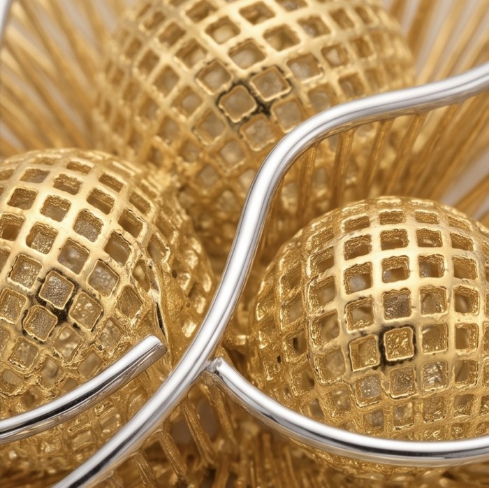 Dubai Style - Golden Rose .925 Sterling Silver dipped in 22K Gold handmade Pendant - Close-up of golden grid pattern spheres with silver accents