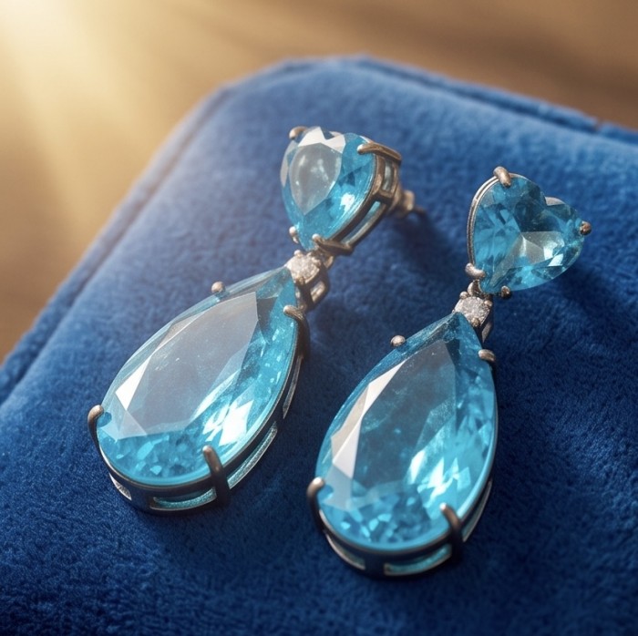 Divine Beauty 38.5 carat Aquamarine black rhodium over .925 Sterling Silver handcrafted Statement EARRINGS - Aquamarine earrings on blue fabric, front close-up view.