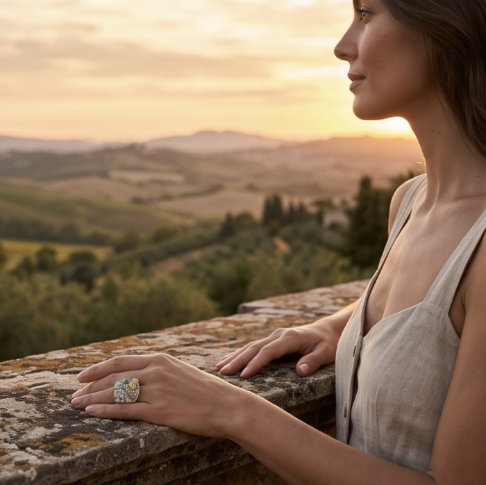 Timless Journey - LARGE Authentic 8.8 carat pave Multigem .925 Sterling Silver brilliantly dipped in rhodium 2 TONES handcrafted Statement ring; s. 7 - Woman wearing multigem ring with scenic sunset backdrop