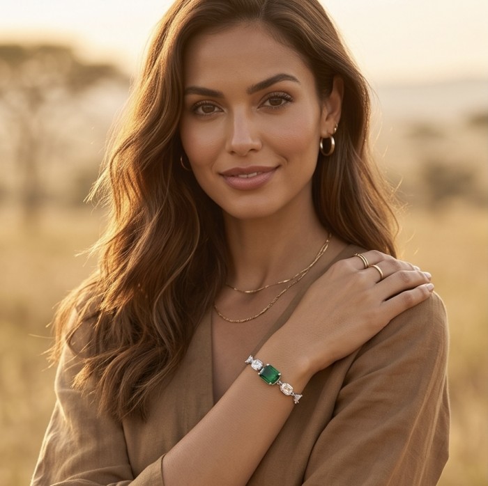 Giovanna - Authentic 7.2 carat Colombian Emerlad .925 Sterling Silver handcrafted Statement bracelet - Woman wearing bracelet, showcasing Colombian emerald in natural light.
