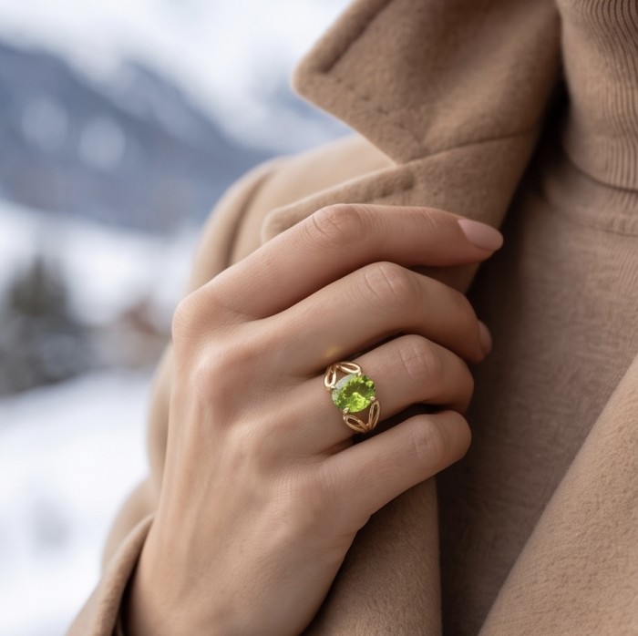 Alessia authentic 6.8 carat oval cut Peridot .925 Sterling Silver dipped in 14K Gold handmade Ring s. 8 - Peridot ring worn on hand, showcasing 6.8 carat oval cut stone.