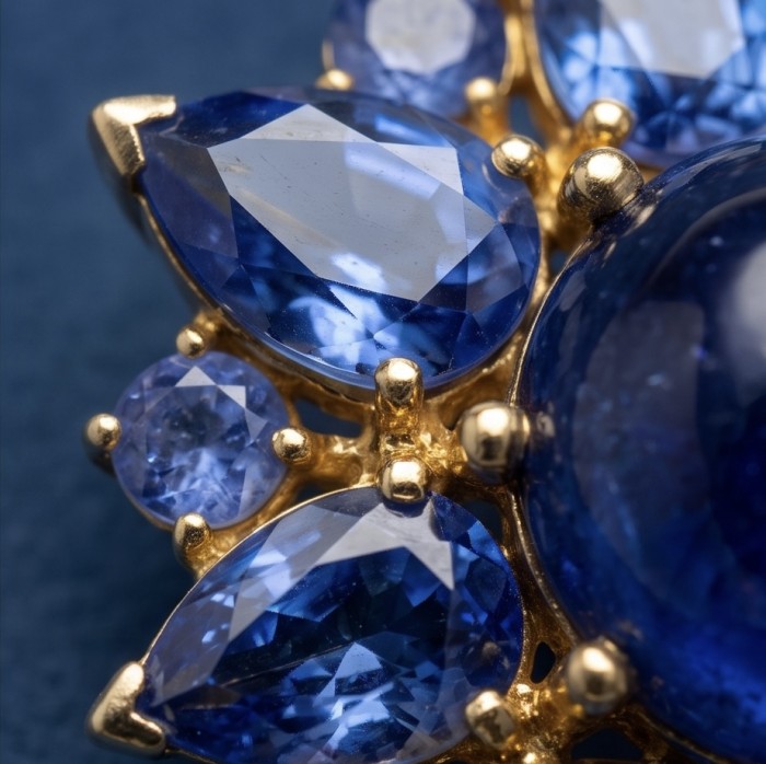 Incredible 22.5 carat Natural Sapphire from Tanzania 18K Gold over .925 Sterling Silver Brooch - Close-up of blue sapphires in gold setting.