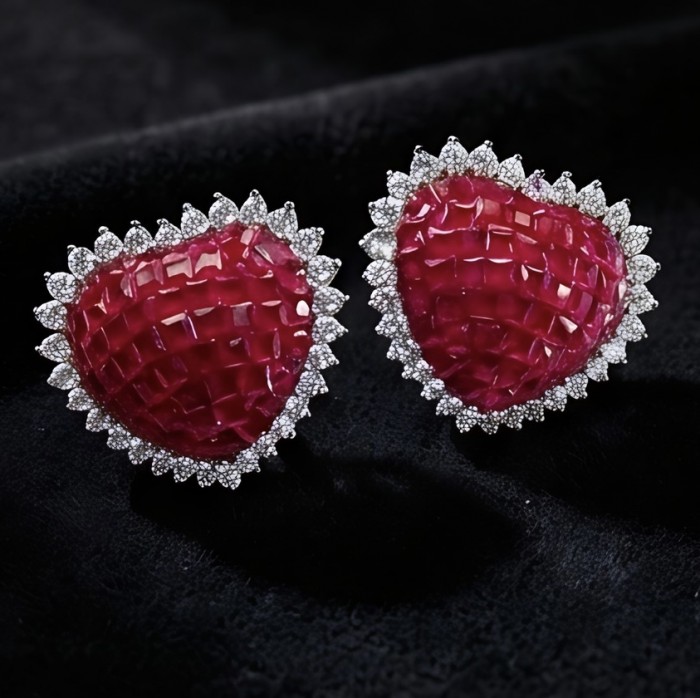 Genuine mystery setting 4.1 carat Ruby .925 Sterling Silver handcrafted Statement Earrings - Ruby earrings with diamond halo, close-up on black background.