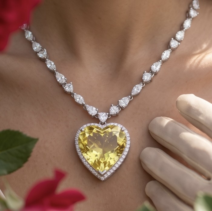 Titanic - Heart of The Ocean Necklace ~ 24.5 Ct Yellow Sapphire Necklace In 925 Sterling Silver necklace - Close-up of Heart of the Ocean necklace with yellow sapphire pendant.
