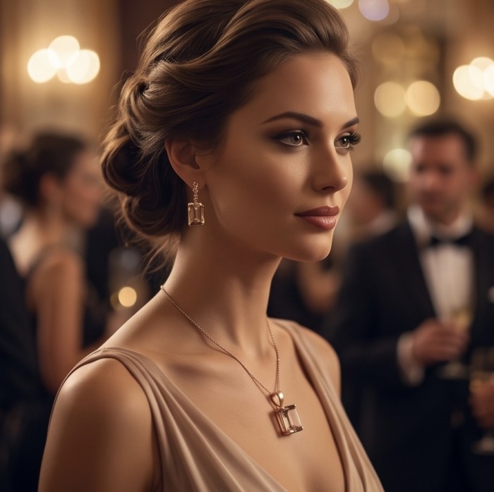 Tae Rose 5.5 carat Morganite .925 Sterling Silver dipped in 18K Gold handmade Pendant - Woman wearing Tae Rose Morganite jewelry at an elegant event.