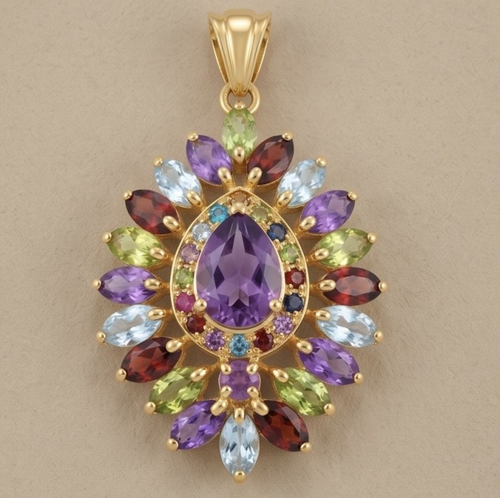 Mademoiselle - 15.5 carat natural Amethyst .925 Sterling Silver dipped in 18K Gold handcrafted Pendant - Colorful gemstone pendant with amethyst, front view.