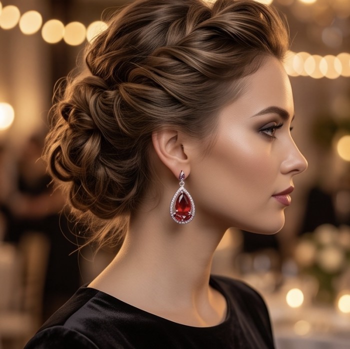 Vintage style - Giovanna - 6.8 carat Red .925 Sterling Silver handcrafted earrings - Side view of model wearing vintage-style red drop earrings.