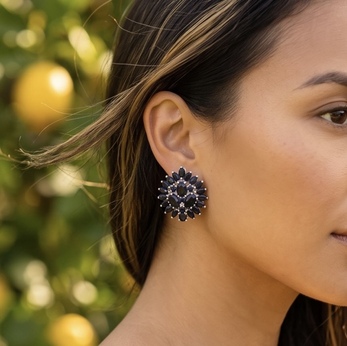 Giuseppina - Authentic 28.5 carat Sapphire rhodium over .925 Sterling Silver handcrafted Statement earrings - Side view of Giuseppina sapphire earrings worn on ear.