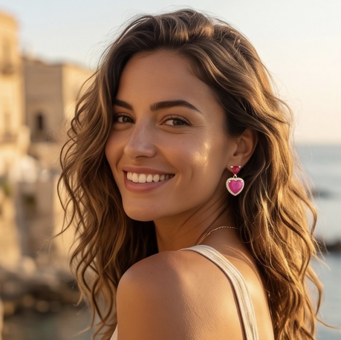 Genuine 5.4 carat Ruby 14K Gold over .925 Sterling Silver handcrafted Statement Earrings - Woman wearing pink heart-shaped earrings showing side view