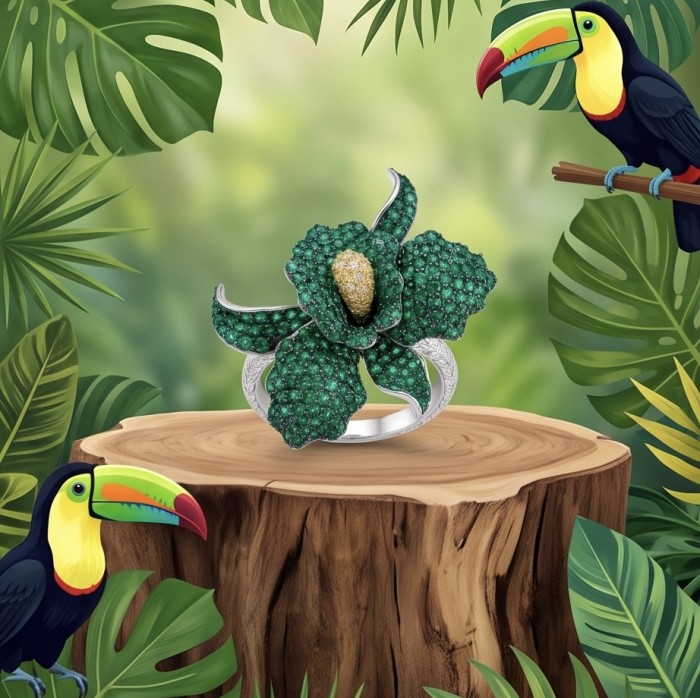 Precious Orchid Bloosom Genuine pave 18.5 carat Emerald .925 Sterling Silver handmade LARGE Statement Ring size 7 - Orchid-shaped emerald ring on tree stump; tropical background with toucans.