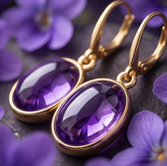 Lavender Beauty authentic 18.2 carat Amethyst 14K Gold over .925 Sterling Silver handcrafted earrings - Close-up of 18.2 carat Amethyst earrings in 14K gold surrounded by flowers.