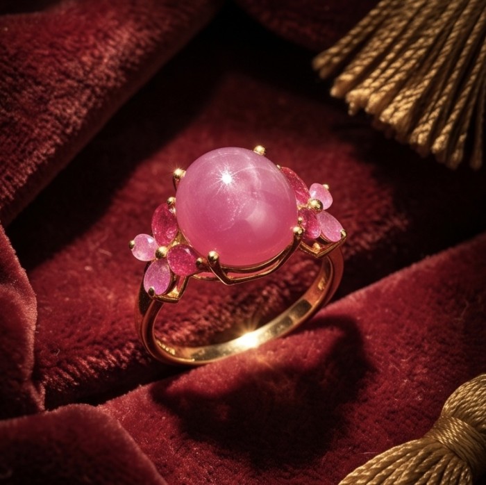 Carmen Natural 9.4 carat Kasmir Ruby .925 Sterling Silver dipped in 22K Gold handmade Statement Ring size 8 - Close-up of Carmen Natural 9.4 carat Kashmir Ruby ring on velvet background