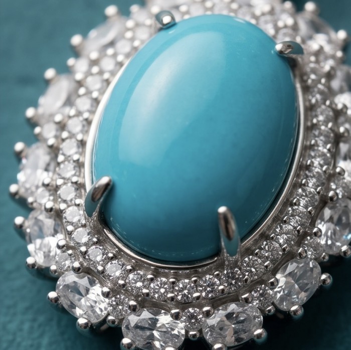 Authentic Sleeping Beauty Turquoise RHODIUM over .925 Sterling Silver handcrafted Pendant - Close-up of Sleeping Beauty Turquoise with diamond accents.