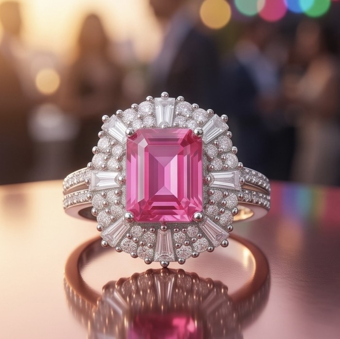 Anastasia 6.8 carat Pink Sapphire .925 Sterling Silver dipped in Rhodium Handcrafted Statement Ring size 7 - Close-up of Anastasia 6.8 carat pink sapphire ring with silver setting