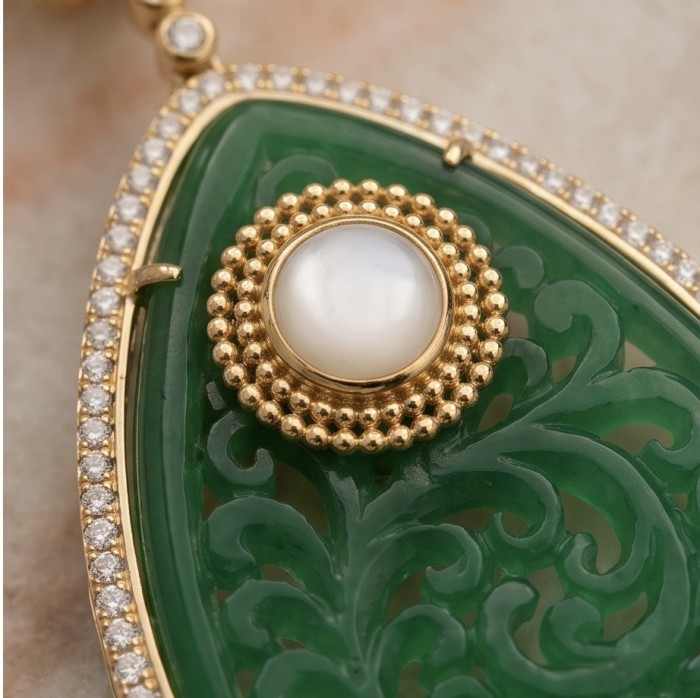 Enchanted Beauty 10.5 carat authentic Jade 14K Gold over .925 Sterling Silver handcrafted Long Statement earrings - Close-up of jade pendant with pearl and diamond accents in gold setting