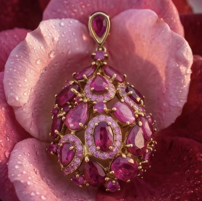 Black Label Collection - Vintage Beauty - Genuine 21.5 carat Mozambique Ruby .925 Sterling Silver dipped in 22k Gold handmade Pendant - Ruby pendant on rose petals, close-up view.