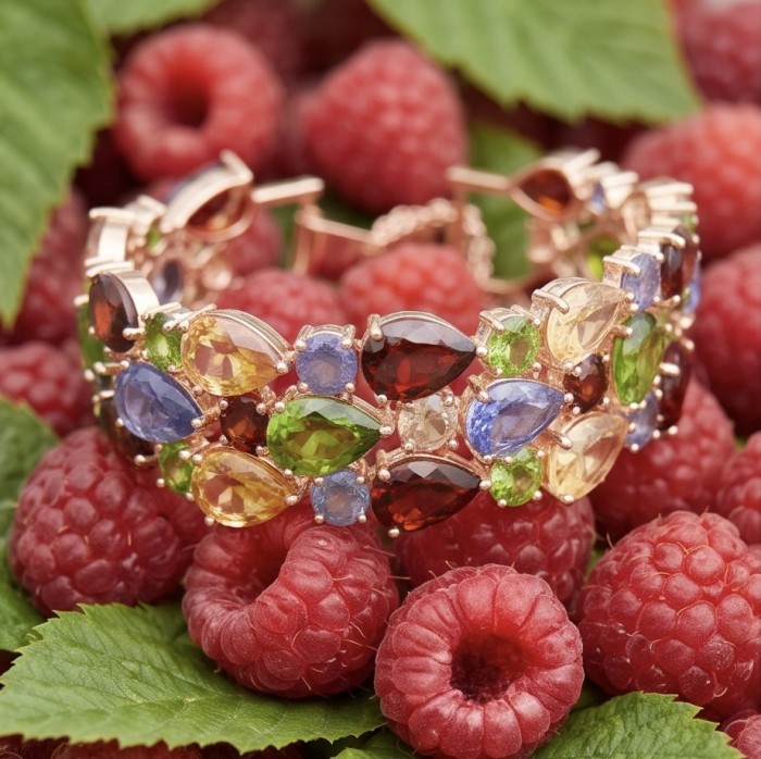Tutti Frutti 125.5 CARAT MULTIGEM 14k Gold over .925 Sterling Silver brilliantly handcrafted Bracelet - Close-up of multigem bracelet on raspberries and leaves.