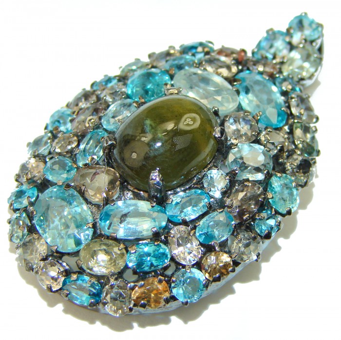 Genuine Green Tourmaline Aquamarine .925 Sterling Silver handmade Pendant - Brooch - photo 1