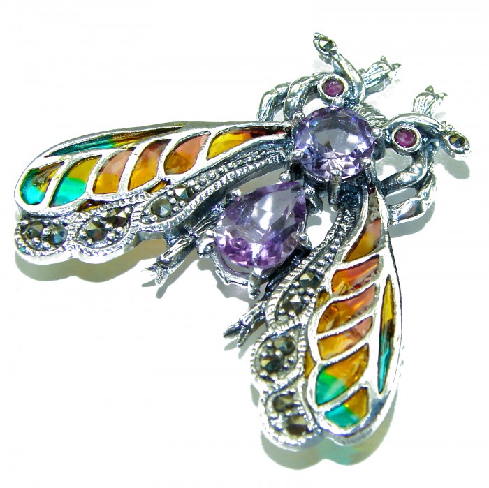 Precious Bee genuine Amethyst Enamel .925 Sterling Silver handmade Pendant - Brooch - photo 2