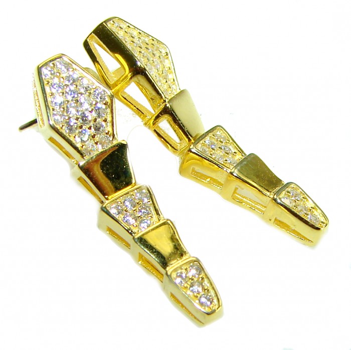 Cleopatra - The Egyptian Cobra White Sapphire 18K Gold over .925 Sterling Silver handcrafted Earrings - Gold cobra earrings with white sapphires, front angle view.