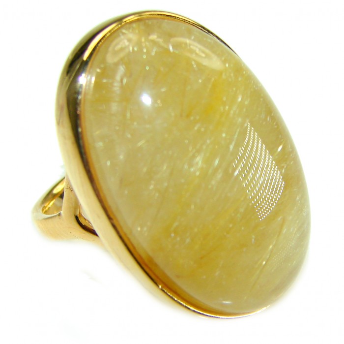 21.2 carat Himalayan Golden Rutilated Quartz 14K Gold over .925 Sterling Silver handcrafted Ring Size 5 - Side view of Golden Rutilated Quartz ring in 14K gold setting