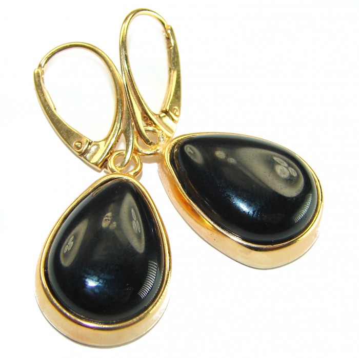 Outstanding authentic Onyx 14K Gold over .925 Sterling Silver Earrings - Close-up of teardrop onyx earrings in 14K gold over sterling silver.