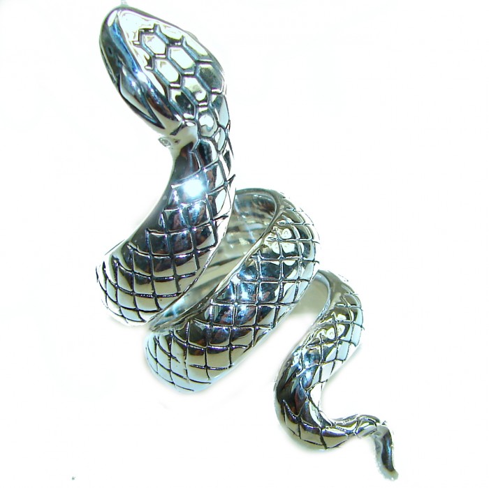 Large Boa Snake .925 Sterling Silver handcrafted Statement SPINAL Ring size 6 - Large sterling silver snake ring, front view, coiled design.