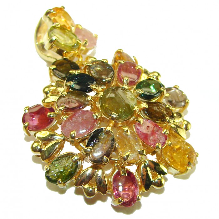 Rio de Janeiro- 17.5 carat Brazailian Watermalon Tourmaline 14K Gold over .925 Sterling Silver handcrafted Pendant - Close-up of multicolored watermelon tourmaline pendant.