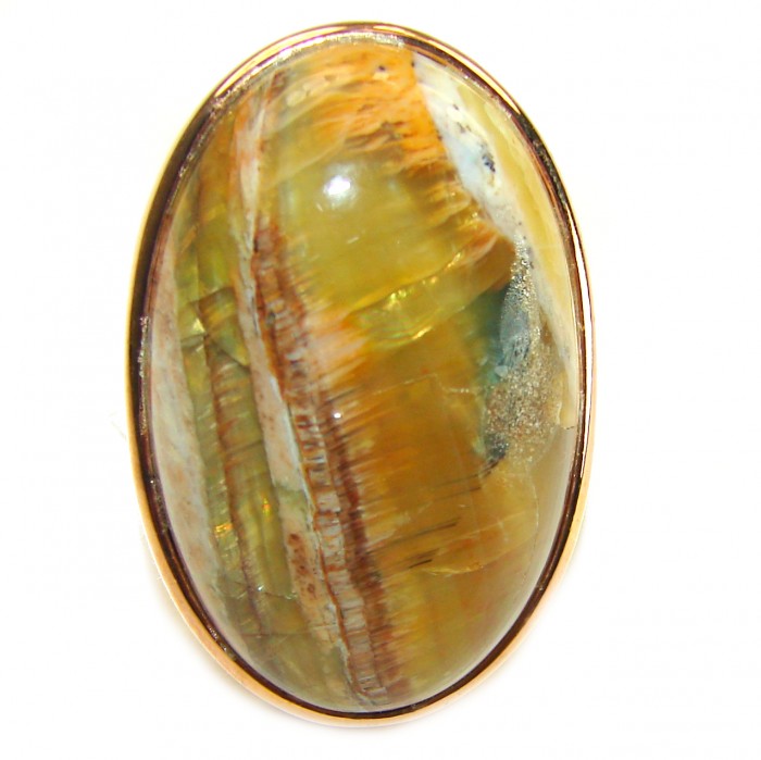 Large Silky Golden Pietersite 14K Rose Gold over .925 Sterling Silver handmade Ring size 8 adjustable - Close-up of Large Silky Golden Pietersite in 14K Rose Gold setting