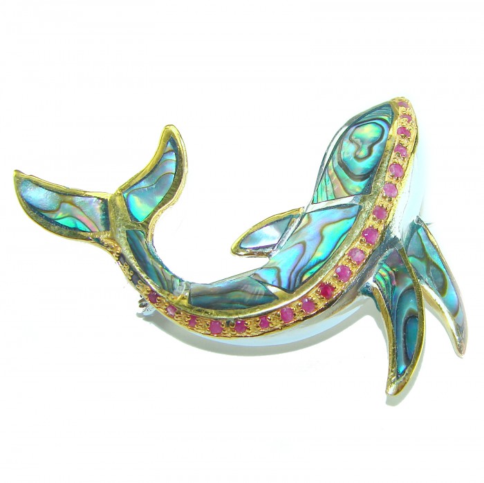 Dolphin Natural Rainbow Abalone Ruby .925 Sterling Silver handmade Pendant Brooch - Dolphin brooch with abalone and ruby detail, side view.