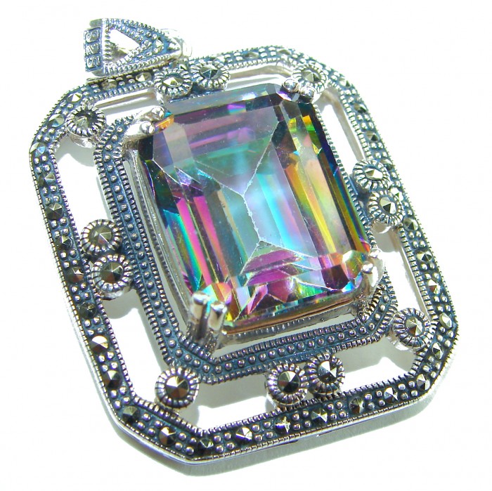 Spectacular 14.2 cut Mystic Topaz Marcasite .925 Sterling Silver handcrafted Pendant - Close-up of Mystic Topaz pendant with marcasite in sterling silver.