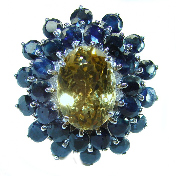 Golden Royalty 22.5 carat Citrine Sapphire .925 Sterling Silver Handcrafted Huge Ring size 8 - Close-up of Golden Royalty ring with citrine and sapphire stones.