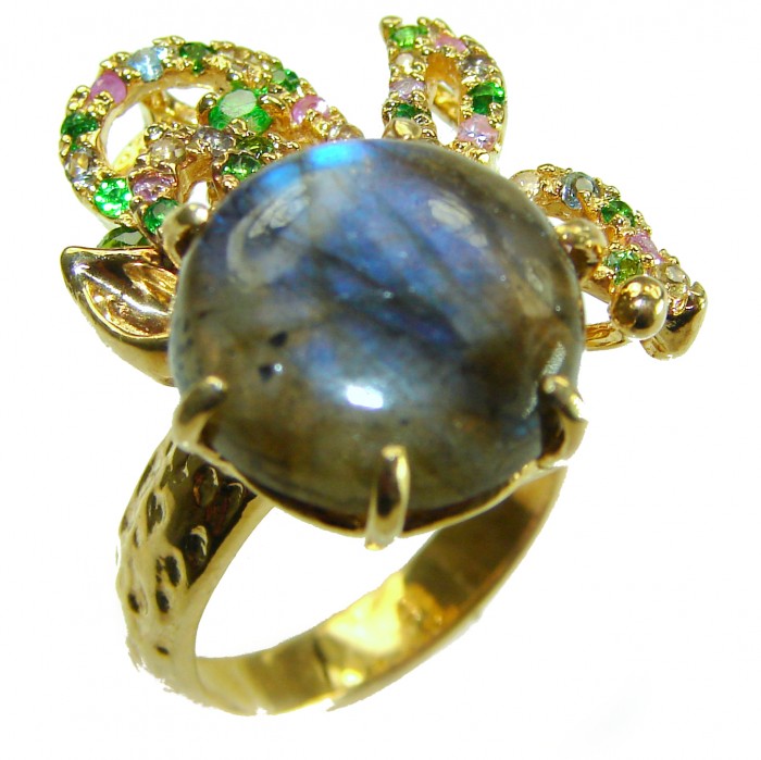 Shimmering Natural Labradorite 18K Gold over .925 Sterling Silver handcrafted Large ring size 8 - Labradorite ring close-up with 18K gold and colorful accents.