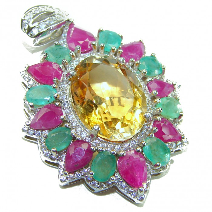 Vintage Design 12.4 CARAT authentic Citrine rhodium over .925 Sterling Silver handcrafted Pendant - Close-up of vintage citrine pendant with emerald and ruby accents