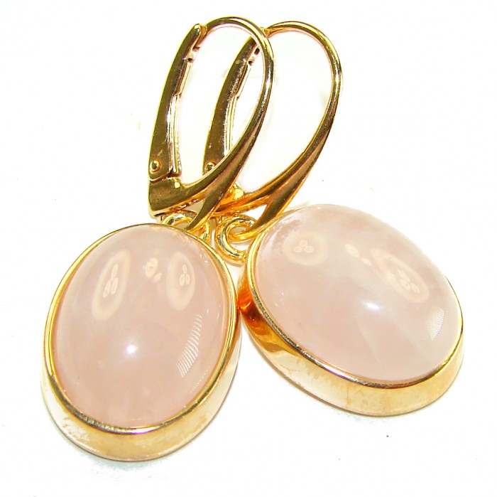 Authentic 10.2 carat Rose Quartz 14K Gold over .925 Silver handcrafted Statement earrings - Rose Quartz earrings in 14K gold over silver, side view close-up.
