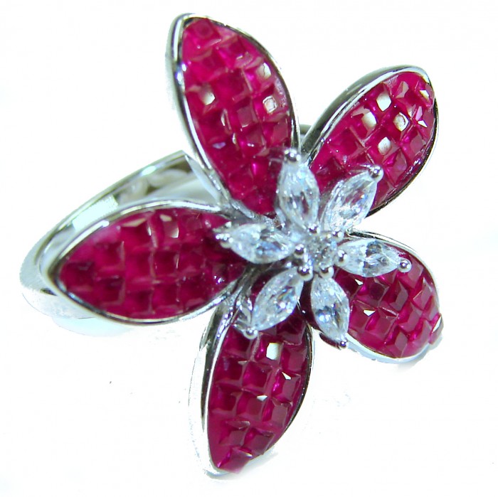 Real Beauty Natural mystery settinng 10.1 carat Ruby .925 Sterling Silver handmade Statement Ring size 7 - Ruby floral ring close-up showcasing intricate gemstone setting.