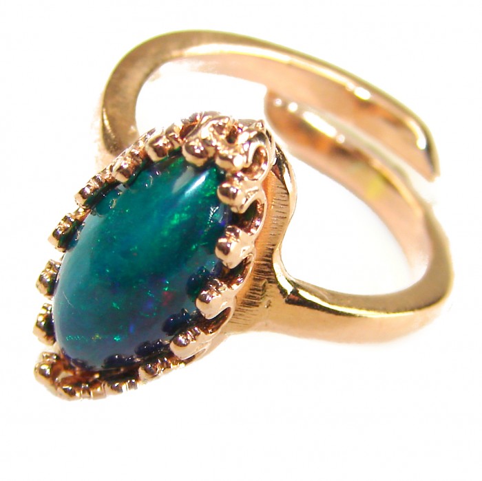 A COSMIC POWER Genuine 5.2 carat Black Opal 18K rOSE Gold over .925 Sterling Silver handmade Ring size 8 - Black opal ring in 18K rose gold, close-up view
