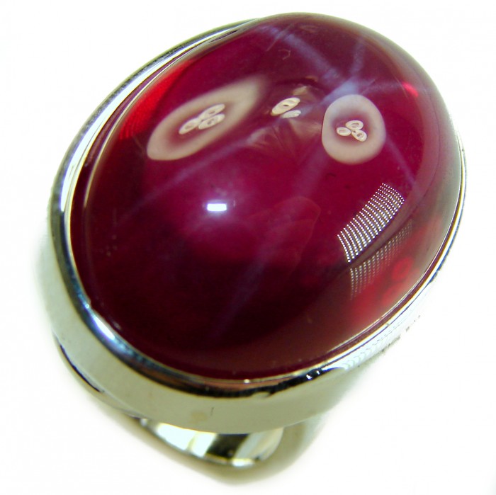 Bellezza Genuine 36.5 CARAT Star Ruby .925 Sterling Silver Large Statement Ring size 8 - Close-up of Bellezza Star Ruby in .925 Sterling Silver setting
