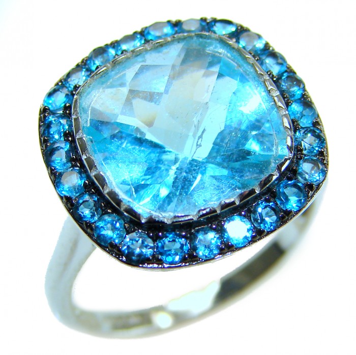 Gabriella 10.2 carat authentic assher cut Swiss Blue Topaz .925 Sterling Silver handcrafted Statement Ring size 9 - Close-up of Gabriella 10.2 ct Assher cut Swiss Blue Topaz ring.