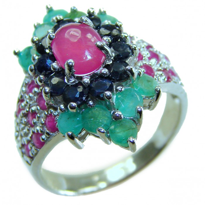 Real Beauty Natural 8.4 carat Ruby .925 Sterling Silver handmade Statement Ring size 7 - Close-up of Ruby and gemstone ring in sterling silver.