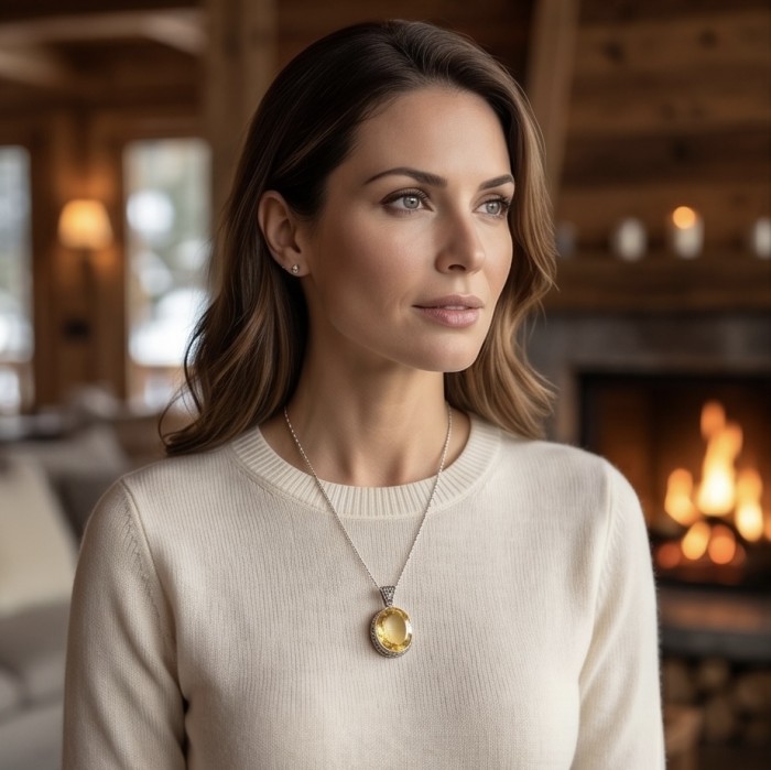Golden Planet Oval cut 55.3 carat Lemon Quartz .925 Sterling Silver handcrafted LARGE pendant - Woman wearing Golden Planet Lemon Quartz necklace by a fireplace.