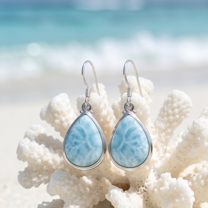 Caribbean Beauty Genuine 10.5 carat Blue Larimar .925 Sterling Silver handmade earrings - Blue Larimar earrings on coral, front view, beach background