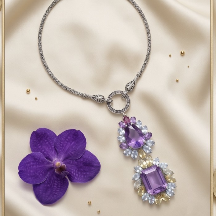 Dolce Vita - Precious Natural 76.5 carat Amethyst from Uruguay Rhodium over .925 Sterling Silver handcrafted Necklace - Ornate amethyst necklace with floral accent on satin background.