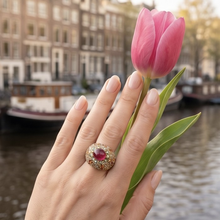 Blooming Garden Natural 10.8 carat Mozambique Ruby rhodium over .925 Sterling Silver handmade Statement Ring size 7 - Ruby ring worn on hand holding pink tulip by a canal background