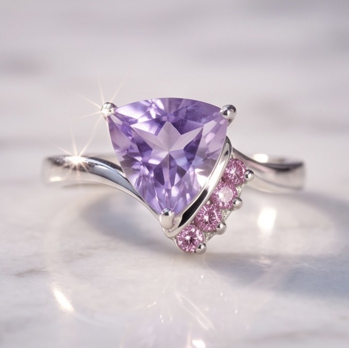 Purple Queen trillion cut 5.2 carat Amethyst .925 Sterling Silver Handcrafted Ring size 9 - Close-up of Purple Queen amethyst ring with pink accents in sterling silver.