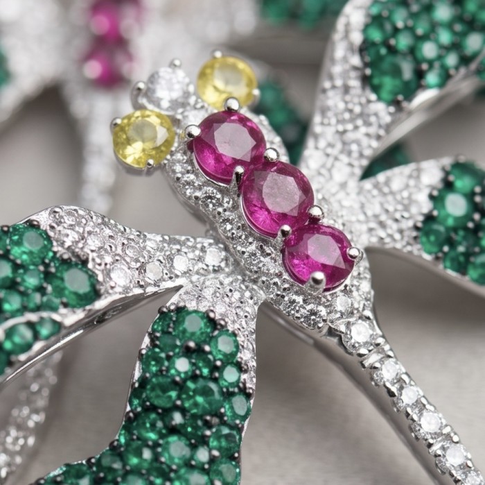 Precious Dragonfly 9.2 carat pave Colombian Emerald rhodium over .925 Sterling Silver handcrafted Brooch Pendant - Close-up of emerald and gem dragonfly jewelry detail.