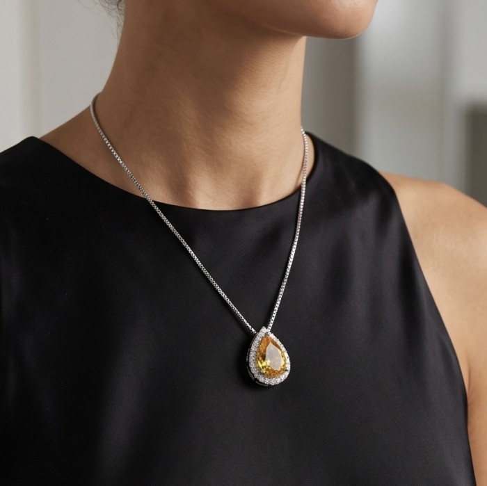 Angel Whisper Necklace ~ 9.7 Ct Yellow Sapphire Necklace In 925 Sterling Silver necklace - Yellow sapphire necklace worn on neck, side view