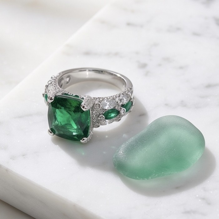 Top quality - Real Treasure asscher cut 17.2 carat Chrome Diopside .925 Sterling Silver Ring size 7 - Top quality assher cut ring close-up with green stone and setting detail.