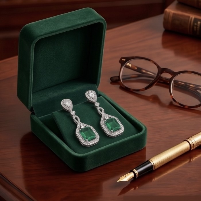 Valentina 8.2 carat Emerald .925 Sterling Silver dipped in rhodium Statement handcrafted earrings - Emerald earrings in green box, front view, with glasses and pen nearby.