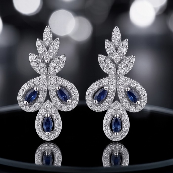 Blue Royalty - art deco - 3.7 carat Sapphire .925 Sterling Silver handcrafted Statement earrings - Art Deco sapphire earrings front view, sterling silver with blue stones.
